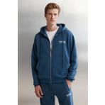 GRIMELANGE Aksel Erkek Yumuşacık Organik Pamuk Oversize Fermuarlı Baskılı Kapüşonlu Mavi Sweatshirt