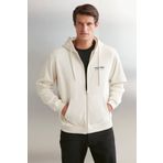 GRIMELANGE Aksel Erkek Yumuşacık Organik Pamuk Oversize Fermuarlı Baskılı Kapüşonlu Taş Rengi Sweatshirt