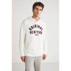 Grimelange Aleksi Erkek Kapüşonlu Çıtçıt Detaylı Kanguru Cepli Baskılı Ekru Sweatshirt, L