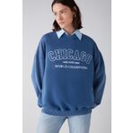 GRIMELANGE Amelıa Kadın Yumuşacık Içi Polarlı Örme Parça Baskılı Şehir Temalı Oversize Mavi Sweatshirt