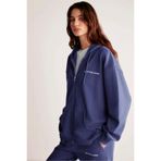 Grimelange Ametis Kadın Oversize Organik Pamuklu Metal Fermuarlı Kapüşonlu Sweatshirt, Lacivert, M