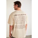 Grimelange Barack Erkek Sırt Baskı Detaylı Oversize Fit Bol Kesim%100 Organik Pamuk Örme Kısa Kol Bej T-Shirt Bej M