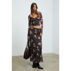 Grimelange Beulah Kadın Maxi Boy Slim Fit Beli Lastikli Tül Batik Desenli Kahverengi-Çiçek Desenli Etek - Kahverengi - Nar Çiçeği