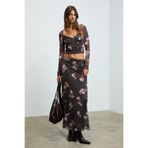 GRIMELANGE BEULAH Kadın Maxi Boy Slim Fit Beli Lastikli Tül Batik Desenli Kahverengi-Çiçek Desenli Etek