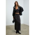 Grimelange BEULAH Kadın Maxi Boy Slim Fit Beli Lastikli Tül Batik Desenli Siyah-Leopar Desenli Etek - Siyah - Leopar - XS