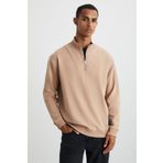 GRIMELANGE Bılboan Erkek Organik Pamuklu Içi Polarlı Fermuar Dik Yaka Sırt Yazı Baskılı Bej Sweatshirt