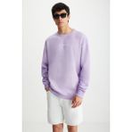 Grimelange Blandon Erkek Bisiklet Yaka Içi Polarlı Baskı Detaylı Yıkamalı Lila Sweatshirt