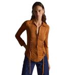 Grimelange Bogotan Kadın Slim Fit Vücudu Saran Süet Belden Bağlamalı Ipli Kahverengi Gömlek, S