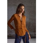 GRIMELANGE Bogotan Kadın Slim Fit Vücudu Saran Süet Belden Bağlamalı Ipli Kahverengi Gömlek