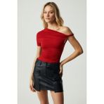 Grimelange Burenty Kadın Asimetrik Yaka Slim Kısa Kol Kırmızı Bluz - XL