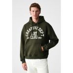 GRIMELANGE CASSIAN Erkek Önü Kabaran Baskılı Kapüşonlu Kordonlu Kanguru Cepli Haki Sweatshirt