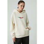 Grimelange Chilli Kadın Oversize Şardonlu Kapüşonlu Baskılı Kanguru Cepli Ekru Sweatshirt, XL