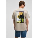 Grimelange COLLECTIVE Erkek Ön Nakış Arka Baskı Detaylı %100 Organik Pamuk Oversize Kısa Kol Taş Rengi T-Shirt - XL