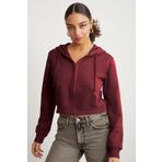 Grimelange Delia Kadın Crop İçi Polarlı Fermuarlı Organik Pamuklu Kapüsonlu Kordonlu Bordo Sweatshirt, S