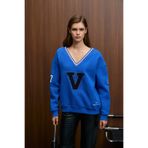 GRIMELANGE DIVINE Kadın V Yakalı Nakış Ve Patch Detaylı Mavi Sweatshirt