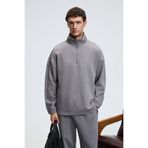GRIMELANGE EDISON Erkek Yarım Fermuarlı Kolu Baskılı Dik Yaka Koyu Gri Sweatshirt
