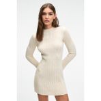GRIMELANGE ENCANTO Kadın Yuvarlak Yaka Çizgi Desenli Slim Fit Ekru Elbise
