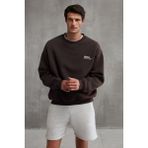Grimelange Ernest Erkek Organik Pamuklu Yumuşacık Baskı Detaylı Bisiklet Yaka Içi Polarlı Kahverengi Sweatshirt