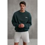 Grimelange Ernest Erkek Organik Pamuklu Yumuşacık Baskı Detaylı Bisiklet Yaka Içi Polarlı Koyu Yeşil Sweatshirt - Koyu - Yeşil - 2XL