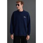 Grimelange Ernest Erkek Yumuşacık Içi Polarlı Baskı Detaylı Organik Pamuk Oversize Lacivert Sweatshirt - XL