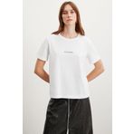 GRIMELANGE Glenda Kadın Nakış Işlemeli Regular Fit %100 Organik Pamuklu Örme Bisiket Yakalı Beyaz T-shirt