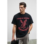 Grimelange GUSI Erkek Önü Kabaran Baskılı %100 Organik Pamuk Oversize Fit Bisiklet Yaka Siyah T-Shirt