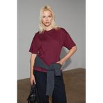 GRIMELANGE Jemmy%100 Organik Pamuk Relaxed Fit Yırtmaçlı Yuvarlak Yakalı T-Shirt, xs, JEMMY01042023, Bordo, Kadın