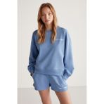 Grimelange Jennifer Kadın Organik Pamuklu Nakışlı Yuvarlak Yakalı Oversize Mavi Sweatshirt, XS