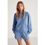 GRIMELANGE Jennıfer Kadın Organik Pamuklu Nakışlı Yuvarlak Yakalı Oversize Mavi Sweatshirt