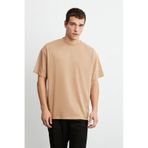 Grimelange Jett Erkek Oversize Fit %100 Organik Pamuk Kalın Dokulu Bisiklet Yakalı Kahverengi T-shirt Kahverengi