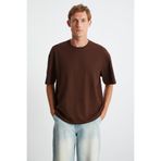 Grimelange Jett Erkek Oversize Fit%100 Organik Pamuk Kalın Dokulu Bisiklet Yakalı T-shirt, Acı Kahve, S