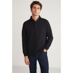 Grimelange John Erkek Polo Sweat Gömlek Yakalı Arkası Uzun Yırtmaçlı Diagonel Kumaşlı Sweatshirt, Siyah, XL
