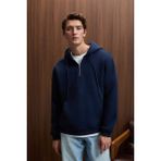 Grimelange JUSTUS Erkek Kapüşonlu Kanguru Cepli Fermuar Yakalı Lacivert Sweatshirt - 2XL
