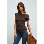 Grimelange Kadın Asimetrik Yaka Regular Kısa Kol Kahverengi Bluz Günlük Stil İnce Malzeme - XL