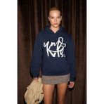 GRIMELANGE LIORAEN Kadın Baskılı Relaxed Kanguru Cepli Kapüşonlu Lacivert Sweatshirt