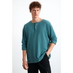 Grimelange Lorenzo Erkek Özel Rustik Dokulu %100 Organik Pamuk Düğme Detaylı Regular Yeşil Sweatshirt - 2XL
