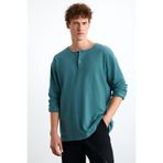 GRIMELANGE Lorenzo Erkek Özel Rustik Dokulu %100 Organik Pamuk Düğme Detaylı Regular Yeşil Sweatshirt
