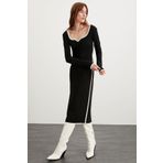 Grimelange Mırabel Kadın Kalp Yaka Esnek Krep Örme Kumaşlı Vücuda Oturan Midi Siyah Elbise Siyah XS