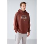 GRIMELANGE Mood Erkek Içi Polarlı Yazı Baskılı Yakası Çıtçıtlı Kapüşonlu Kahverengi Sweatshirt
