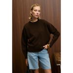 Grimelange NANNA Kadın Oversize Fit Yumuşacık Kaşmir Tuşesinde Bisiklet yaka Kalın Triko Kahverengi Kazak - XL