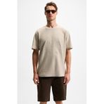 GRIMELANGE NELIDO Erkek Nakış Detaylı %100 Organik Pamuk Bisiklet Yaka Kısa Kollu Regular Fit Taş Rengi T-Shirt