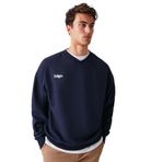 Grimelange Off Erkek Organik Pamuklu Yazı Nakış Detaylı V Yakalı İçi Polarsız Oversize Lacivert Sweatshirt, L