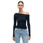 Grimelange OLIVIENN Kadın Omuzu Açık Asimetrik Yakalı Uzun Kollu Slim Fit Lacivert Bluz L