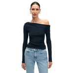 Grimelange OLIVIENN Kadın Omuzu Açık Asimetrik Yakalı Uzun Kollu Slim Fit Lacivert Bluz - XL