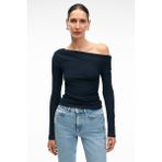 Grimelange OLIVIENN Kadın Omuzu Açık Asimetrik Yakalı Uzun Kollu Slim Fit Lacivert Bluz - XS