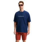 Grimelange Ourflow Erkek Nakış Detaylı%100 Organik Pamuk Bisiklet Yaka Kısa Kollu Oversize Lacivert T-Shirt, S