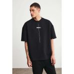 Grimelange Project Erkek Baskı Detaylı Oversize Fit %100 Organik Pamuk Örme Bisiklet Yaka Örme Siyah T-shirt - XS