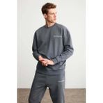 GRIMELANGE Raırok Erkek Içi Polarlı Comfort Oversize Nakışlı Koyu Gri Sweatshirt