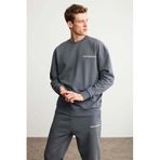 Grimelange Rairok Erkek İçi Polarlı Comfort Oversize Nakışlı Sweatshirt, Koyu Gri, L