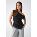 Grimelange Rehınga Kadın %100 Pamuk Asimetrik Yaka Regular Fit Kısa Kol Siyah Bluz - XL
